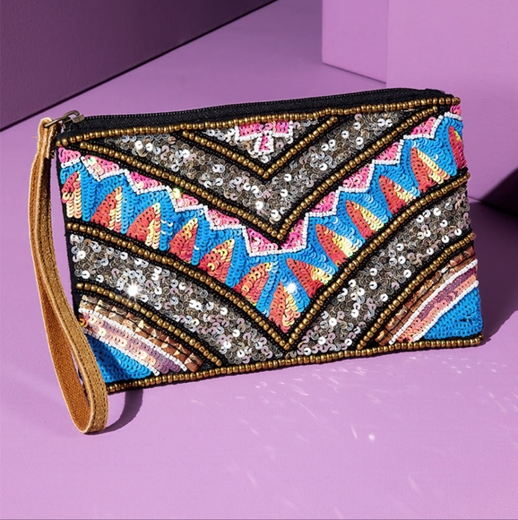 Handmade Hand Beaded & Sequined Wristlet Clutch - Ethnic Inspired Chevron Motif - Picture 2 of 8